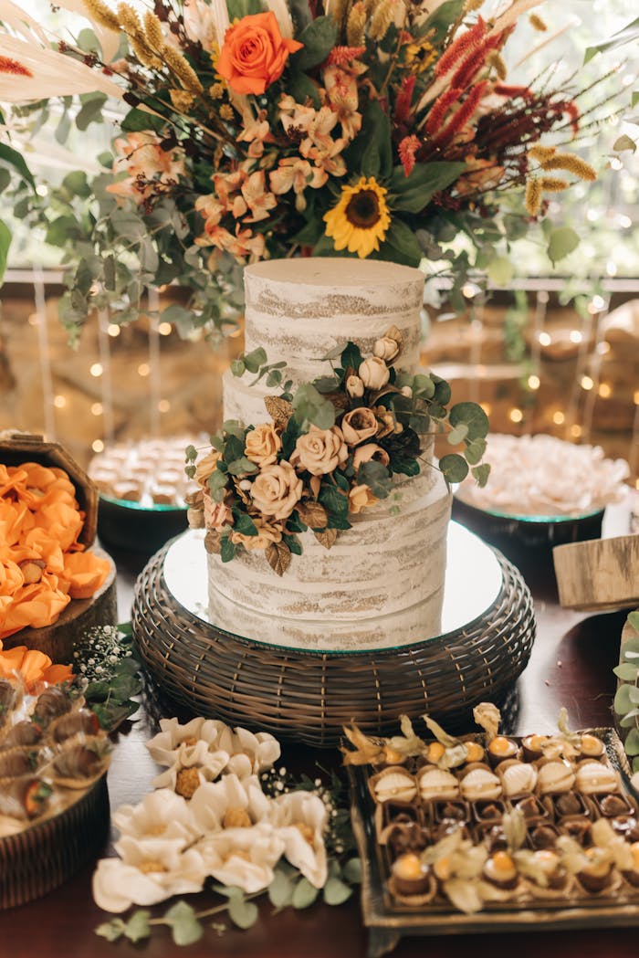 Elegant rustic wedding cake adorned with flowers, surrounded by an array of desserts.